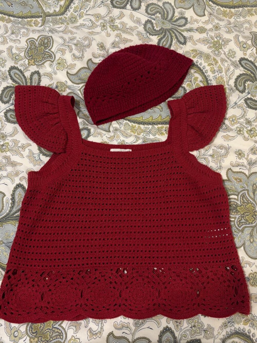 Universal Thread Crochet Flutter Sleeve Crop Top + Beanie